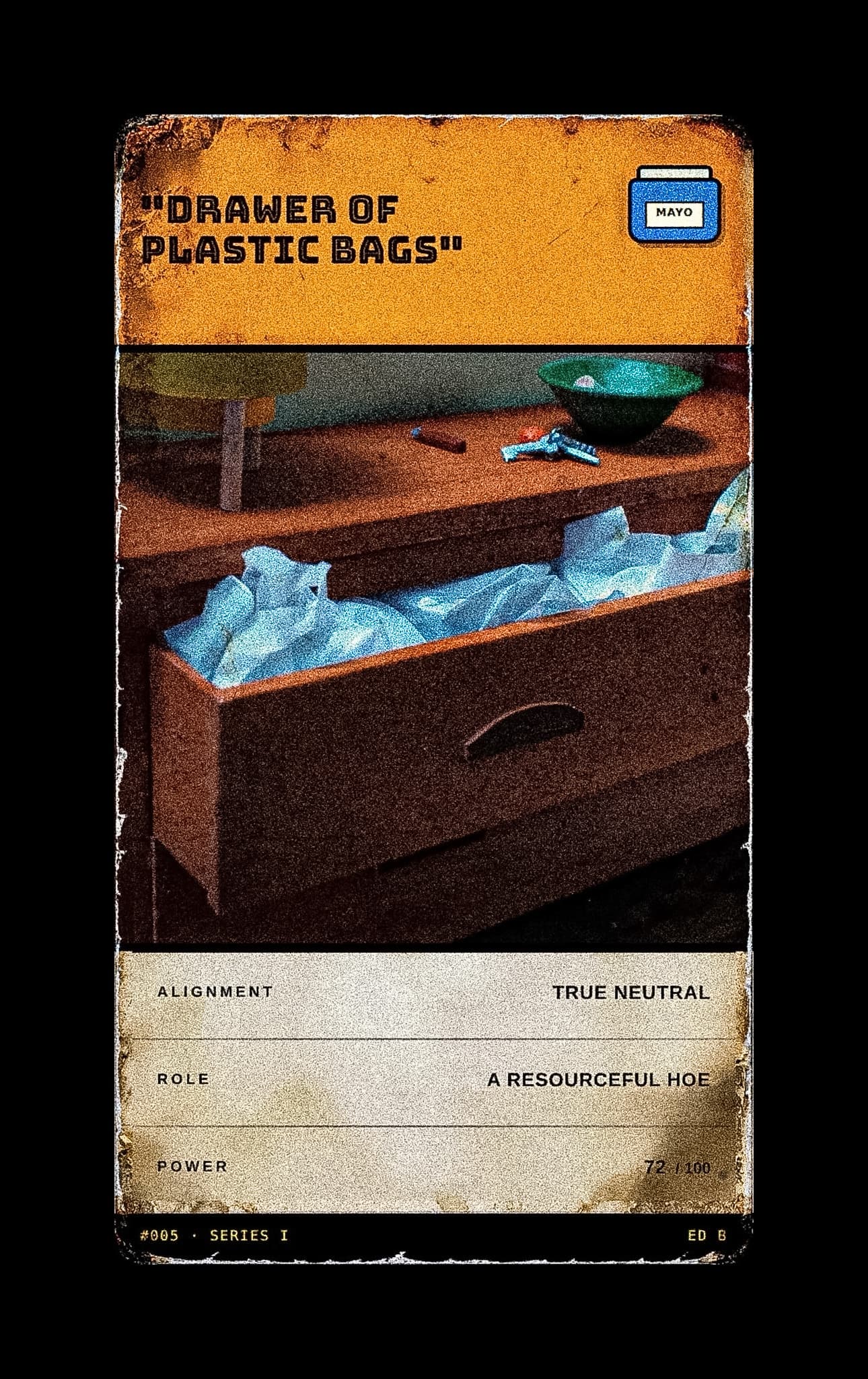 Card #005, "Drawer Of Plastic Bags"